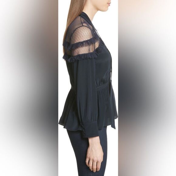 Cinq a Sept Peyton 100% Silk Blue Blouse Shirt Button Down Tie Neck Size M - Picture 5 of 14